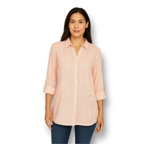 Chico’s 3 XL Salmon Pink Cotton Striped Gauze Blouse Lace Back Roll Tab Romanti - Picture 1 of 12